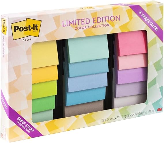 Post-it Super Sticky Notes, 3 x 3 in, Assorted Brights, 15 Pads | School Supplies and Office Supplies, 2X the Sticking Power