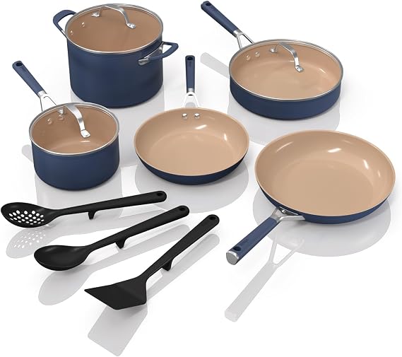 Ninja Ceramic Cookware Set, 11-Piece Kitchen Set, Navy Blue, CW49011