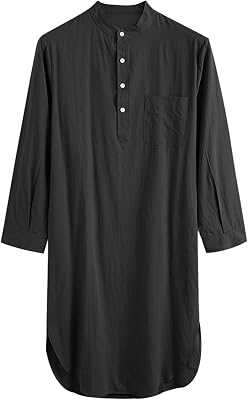 Maiyifu-GJ Mens Cotton Nightshirts V Neck Long Sleeve Button Down Nightgowns Summer Mid-Length Henley Sleepwear Sleepshirt