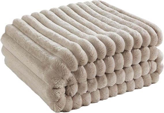 Faux Fur Throw Blanket, Ribbed Thick Cozy Striped Fall Blanket,Luxury Plush Decorative Ultra Soft Fleece Blankets for Bedroom Living Room Bed All Seasons Overnight Home Gifts Sofa Indoor