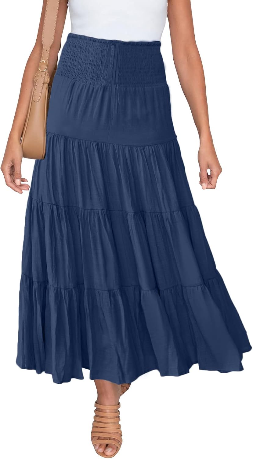 HAEOF Womens Summer Flowy Boho Maxi Skirt Trendy Smocked Waist Ruffle Tiered A Line Casual Beach Long Skirts Midi Dress
