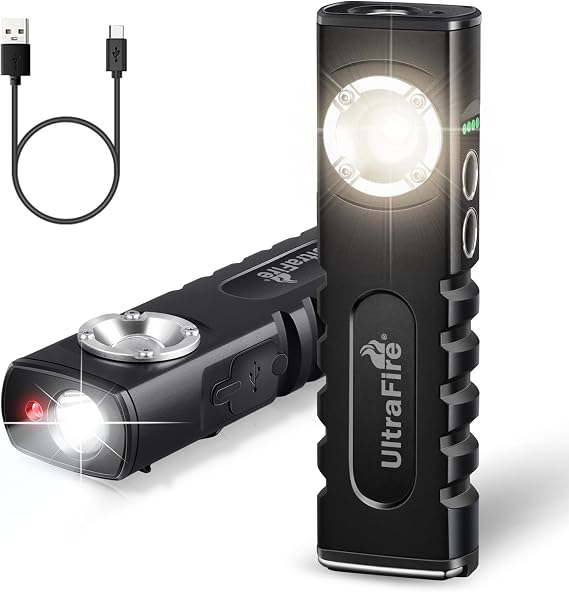 ULTRAFIRE Rechargeable LED Work Light 350 Lumens Portable Magnetic Flat EDC Flashlights with Red Beam,3 Mode Pocket Small Lights with Clip for Working,Car Repairing,Camping,Emergency