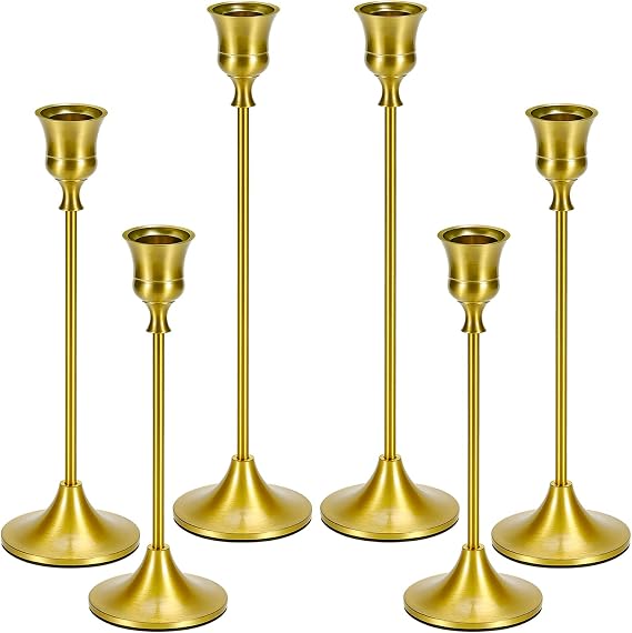Metal Brass Gold Taper Candlestick Holders Set of 6, WineGlass Shaped Candle Stick Holder with 3 Assorted Heights, Elegant Table Centerpiece Decor for Wedding Christmas Fireplace