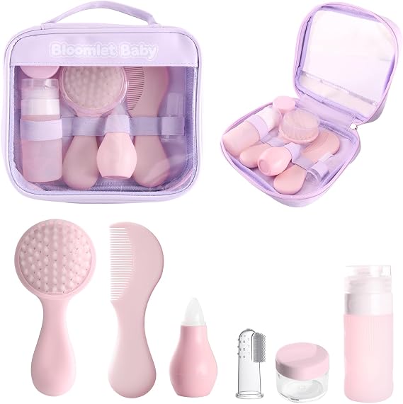 6Pcs Newborn Grooming Kit,Portable Travel Baby Care Set, Soft PP Hair Brush Comb,Silicone Nasal Aspirator,Leakproof Travel Lotion Shampoo Bottles,Finger Toothbrush for Infant, Light Pink