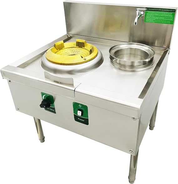 TECHTONGDA Commercial Gas Stove Chinese Wok Range Burner Stainless Steel 15.4" Gas Range LNG LPG Cooker Single Stove 85300BTU with Fan and Faucet for Chinese Cuisine