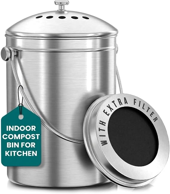 Utopia Kitchen Countertop Compost Bin 1 Gallon, Stainless Steel, Silver