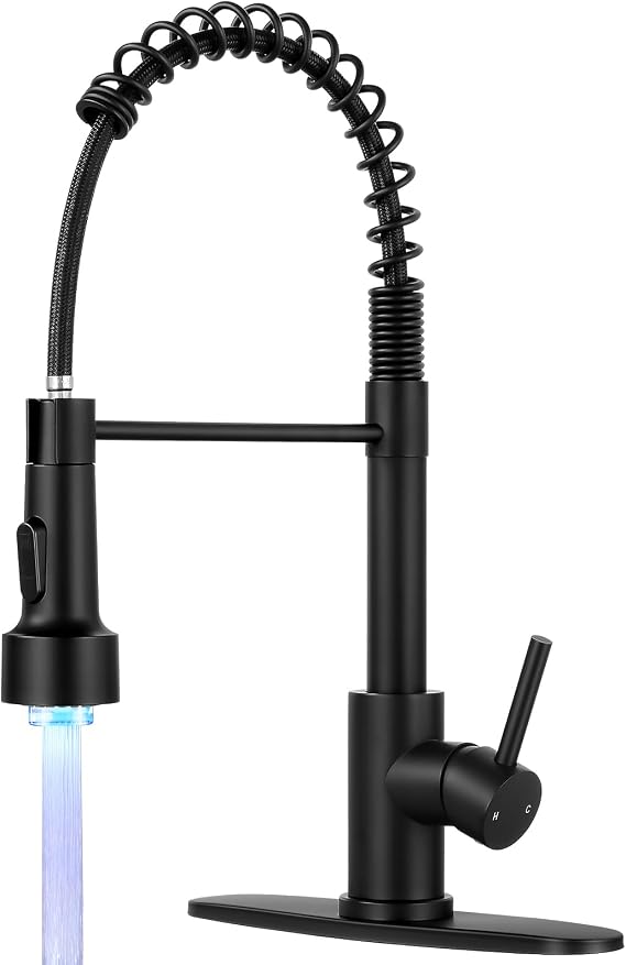 Kitchen Faucet with LED Pull Down Sprayer,Commercial Single Handle Stainless Steel Kitchen Faucets with Deck Plate (Black)