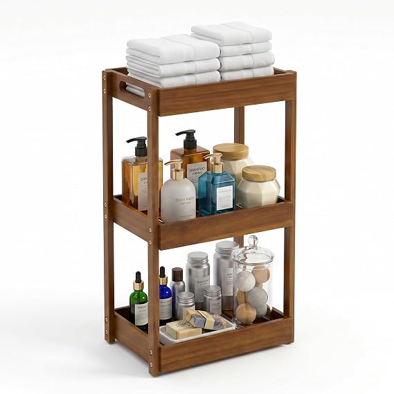BEEFURNI 3-Tier Corner Standing Acacia Wood Shower Caddy Organizer