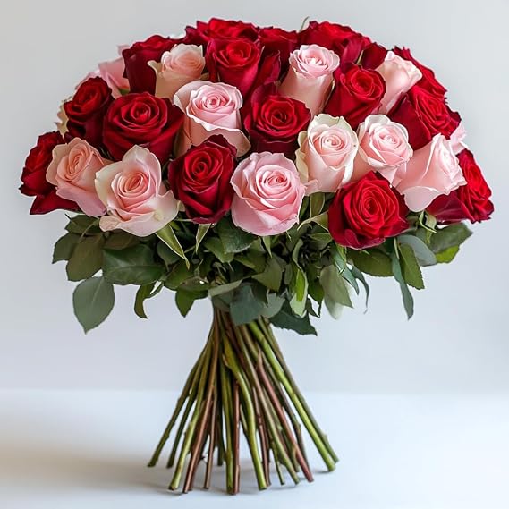 GlobalRose Fresh Cut Red & Pink Roses - 50 (25 Red & 25 Pink) - Real Fresh Flowers Bouquet for Wedding