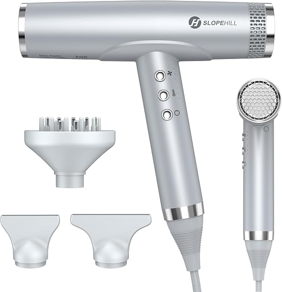 Slopehill Professional Hair Dryer With Diffuser, Ionic, Powerful & Fast Salon Blow Dryer, 110,000 RPM Brushless Motor, Light & Compact for Home Travel (Silver)