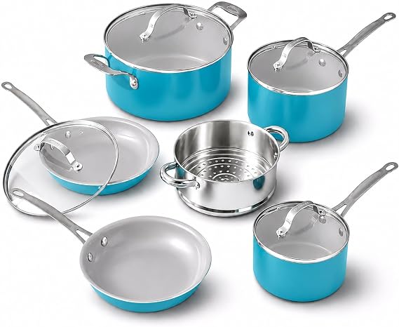 Gotham Steel Aqua Blue Pots and Pans Set, 12 Piece Nonstick Ceramic Cookware, Includes Frying Pans, Stockpots & Saucepans, Stay Cool Handles, Oven & Dishwasher Safe, 100% PFOA Free, Turquoise | Includes Frying Pans, Saucepans, Stockpot with Steamer, Oven & Dishwasher Safe, PFAS/PFOA-Free Ceramic & Titanium Coating