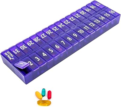 Once-a Day Monthly Pill Organizer Removable Lid for Easy Loading - Large Compartment Pill Box Medications for Entire Month Plus a Compartment for Extra Pills BPA Free