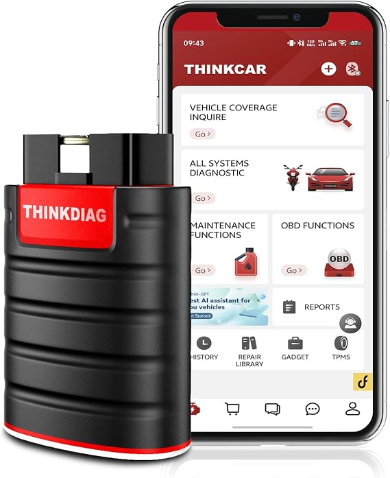 thinkcar Thinkdiag Obd2 Diagnostic Device Automotive Error Code Reader for Complete Systems OBD2 Bluetooth Adapter with 16 Reset Services Active Test ECU Coding iOS and Android App