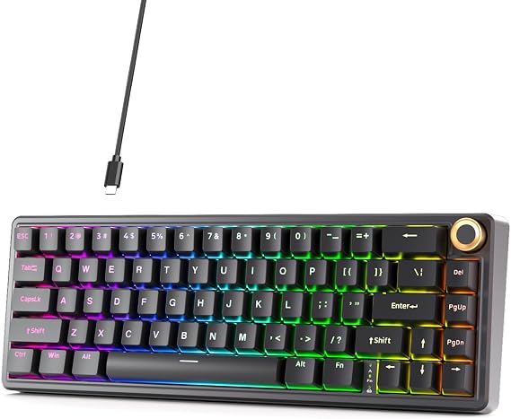 Dierya DK68E Gaming Keyboard with Knob,60% Percent Gasket Mount Hot Swappable Cream Switch Wired Mechanical Keyboard,Programmable 66 Keys RGB Backlit Ultra-Compact,US Layout (Black, Cream Switch)
