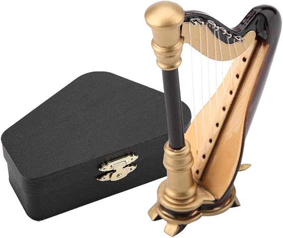 Wooden Mini Harp Replica Model with Delicate Box Musical Instrument Miniature Decoration for Home Coffee Ornament