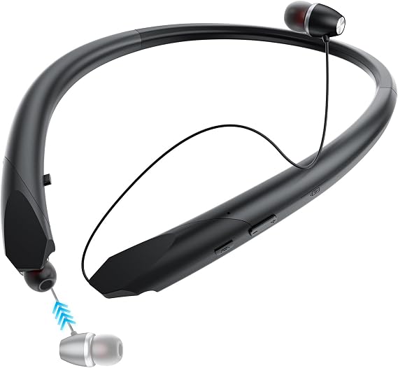 Neckband Bluetooth Headphones Retractable, Wireless Headset with Mic, IPX5 Sweatproof Earphones, 22H Playtime & Dual Connectivity for Sports Running Workouts (Black)