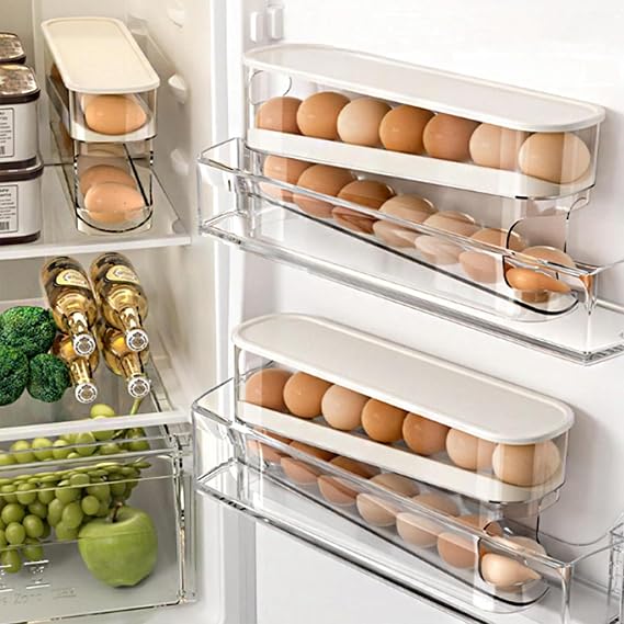 Bnimtm Rolling Egg Storage, Egg Holder for Fridge, Space Saving Egg Rack for Refrigerator, 2-Tier Egg Dispenser Organizer with Transparent Cover, Holds 12 Large Eggs，Patent Nr. 015073606
