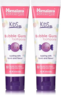 Himalaya Botanique Kids Toothpaste, Herbal, Bubble Gum Flavor, Fights Plaque, Fluoride Free, Gentle, No Artificial Flavors or Colors, SLS Free, Gluten Free, Cruelty Free, Vegan, Foaming, 4 Oz, 2 Pack