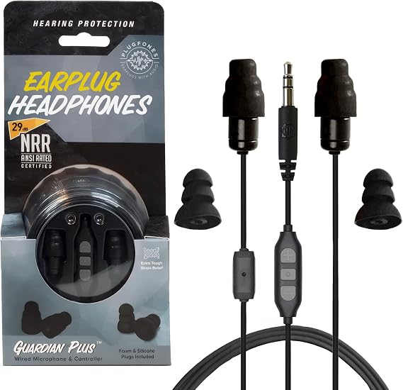 Plugfones Guardian Plus Wired Earplug Headphones for Work, Mic & Controls | 29dB NRR Foam & 27dB Silicone Plugs, Noise Isolating Mic, OSHA Compliant Ear Plug Headphones for Work, Safety Earbuds, Black