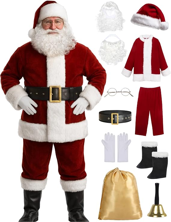 Men's Deluxe Santa Suit 11pc. Christmas Adult Professional Santa Claus Outfit Xmas