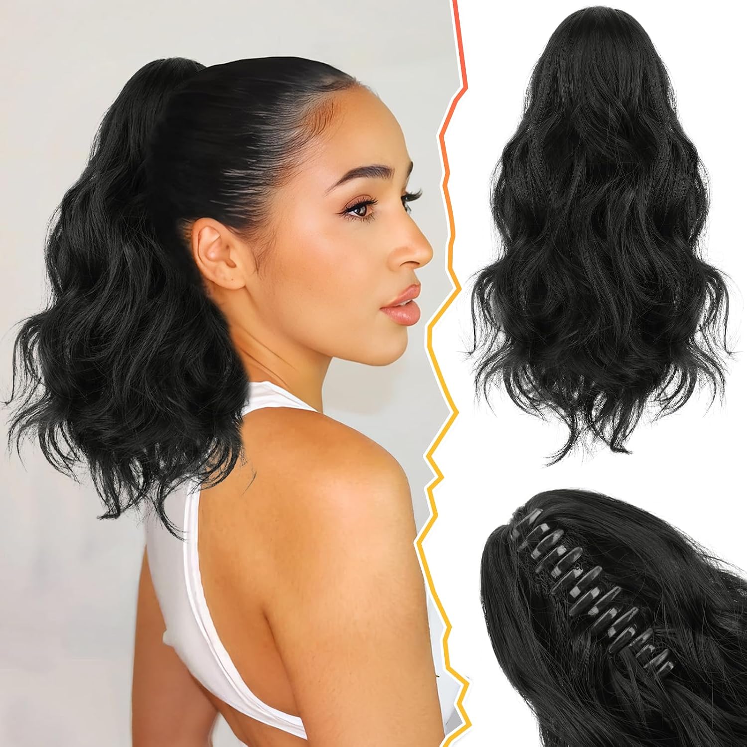 BARSDAR Claw Clip in Ponytail Extensions - 14 Inch Short Wavy Black Ponytail Hair Extensions for Women - Synthetic Claw Clip in Pony Tails Hairpieces Fake Pony Tails - Black