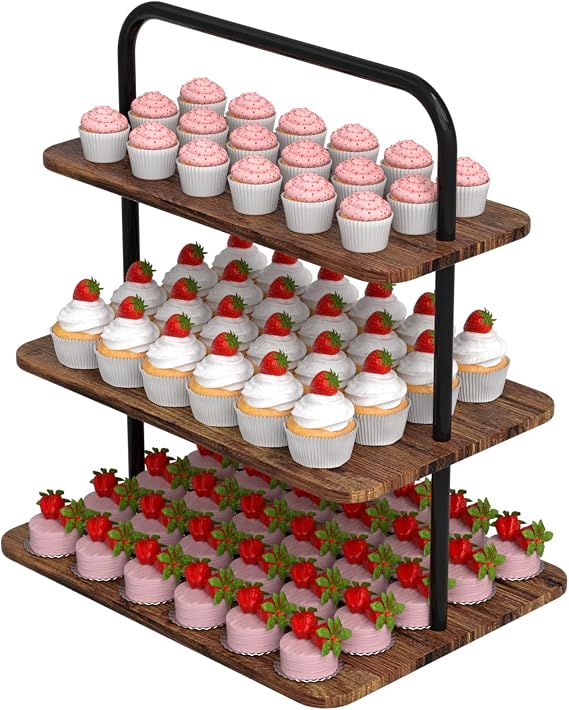 VyGrow 3-Tier Cake Stand, Wooden Cupcake Stand for Birthday Cady Bar Decor Weddings, Party Serving Tray, Rectangle Display Rack