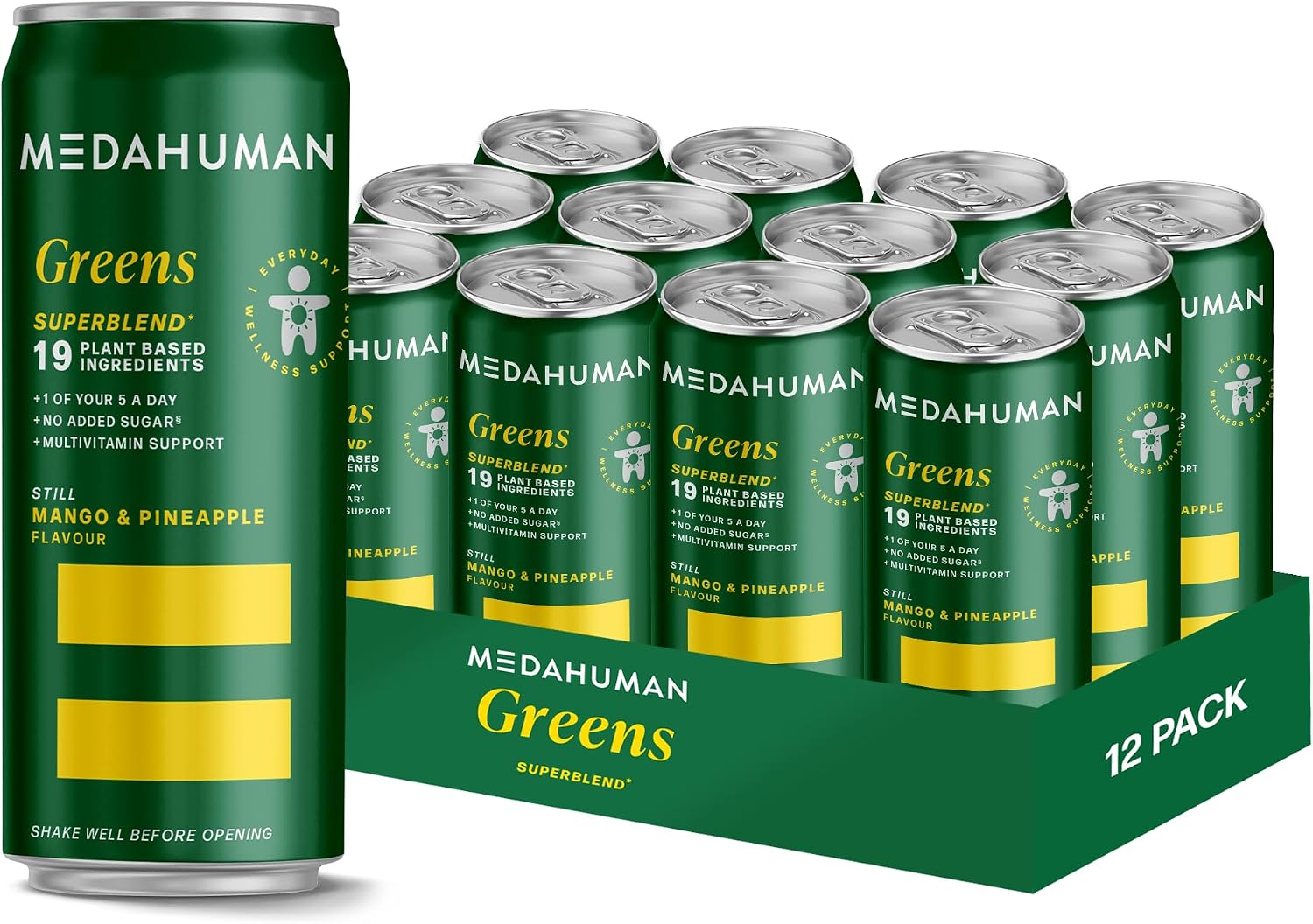 MEDAHUMAN Greens Superblend, Mango & Pineapple Flavoured Drink (12 x 250ml), 19 Fruit, Veg, Superfoods & Essential Vitamins incl VIT C, Matcha, Ashwagandha & Lions Mane, Vegan, Gluten-Free, 25 Cals