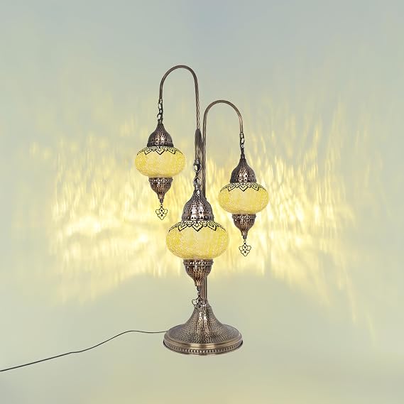 Turkish Bedside Lamp | 3-Globe Cracked Pattern Glass | Moroccan Mosaic Design for Bedroom Decor | Handcrafted Stained Glass Lantern with Victorian Charm (Yellow)