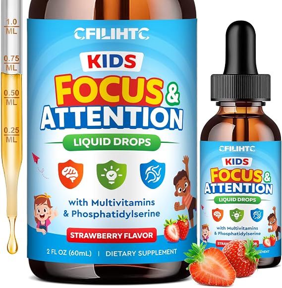 Kids Focus and Attention Supplements with Phosphatidylserine, Omega-3, Magnesium Glycinate & L-Theanine, Brain Vitamins Liquid Drops for Kids Memory, Cognitive, Sleep, Calm & Mood, Strawberry, 2 Fl Oz