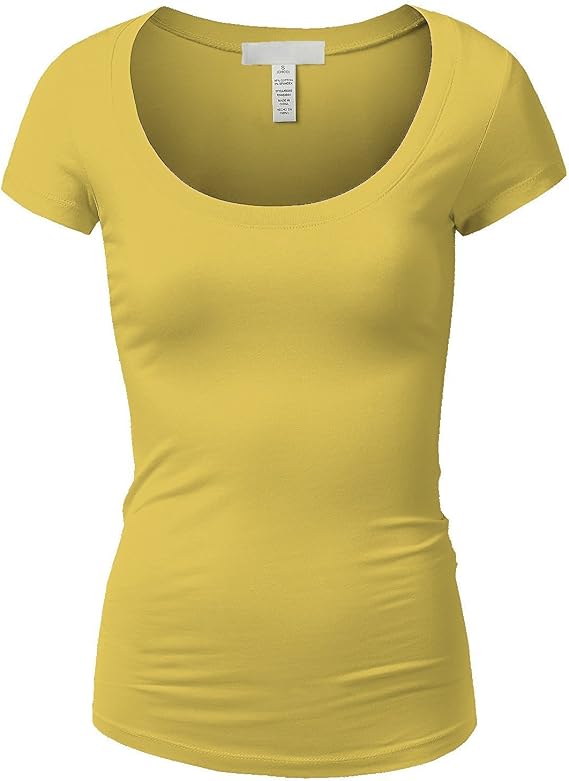 Active Basic Womens Plain Basic Deep Scoop Neck with Cap Short Sleeves - Yellow - Medium
