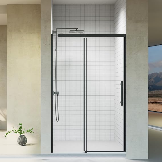 44-48" W x 76" H Frameless Shower Door with 5/16" (8mm) Clear Tempered Glass, Single Panel Easy Sliding Style, Includes Positioning Template, Stainless Steel Handle & Quiet Rollers,Matte Black