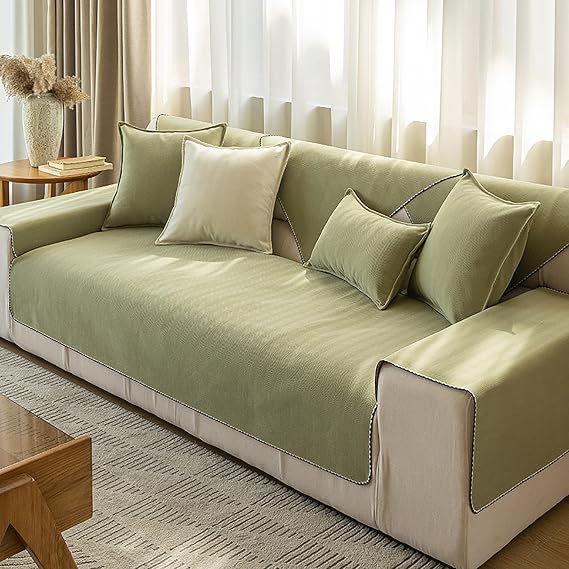 Chenille Sofa Couch Cover,Solid Color Breathable Sectional Couch Cover,Super Soft Non Slip Sofa Slipcover Furniture Protector for Pets Kids Children Dog Cat-Green,1pc-45x45cm/Pillowcase