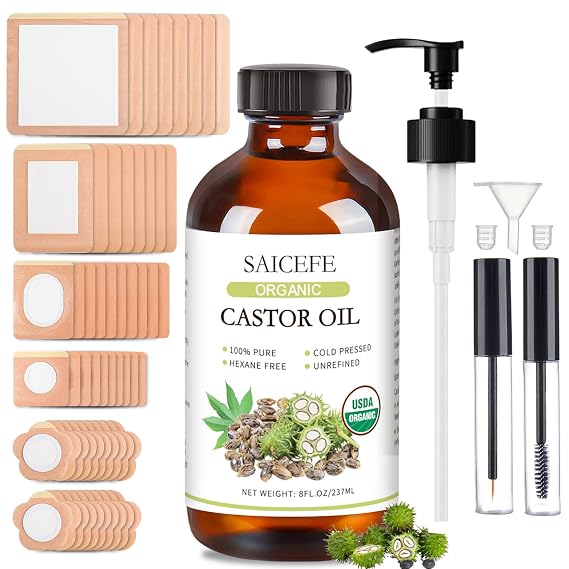 Castor Oil Patches with (8oz) Castor Oil Organic Cold Pressed Unrefined Glass Bottle,Cotton Caster Oil Pack Wrap for Waist Back Neck Arm Belly