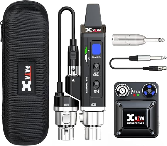 Xvive U45Dステレオワイヤレスインイヤーモニターシステム、5.8GHzプロフェッショナルIEMシステム、5ms未満のレイテンシー、スマートチャンネルスキャン&4つのモニタリングモード。ミュージシャン、歌手、礼拝チーム向け。