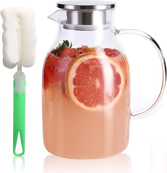 Kanwone 75oz Glass Pitcher with Stainless Steel Lid and Spout, Heat Resistant Borosilicate Glass Water Carafe for Sun Tea, Lemonade, Homemade Juice, Milk or Hot Beverages