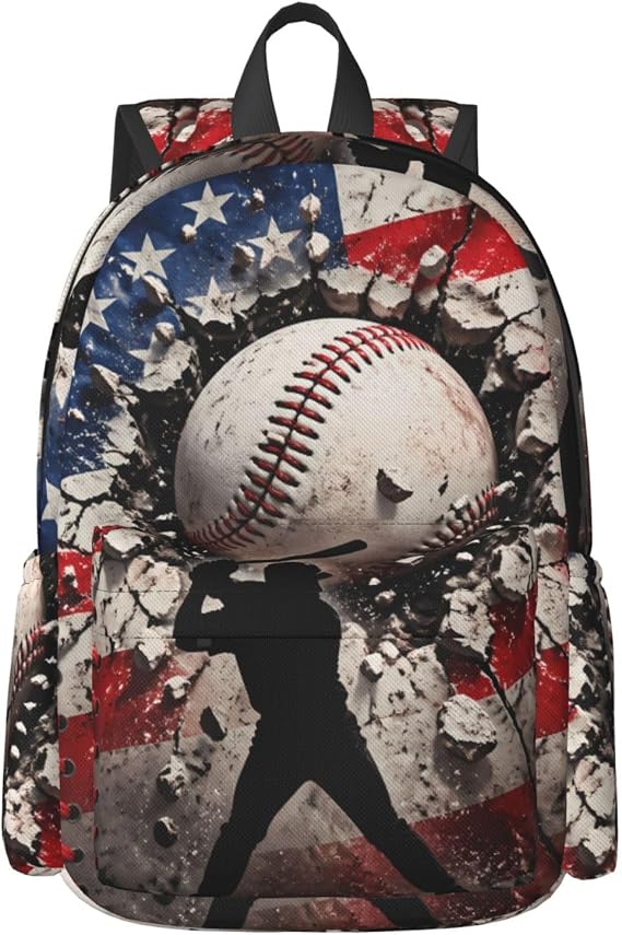 KiuLoam 17 Inch Large Capacity Backpack American Flag Baseball Pattern Laptop Backpack Shoulder Bag School Bookbag Casual Daypack For Teenager