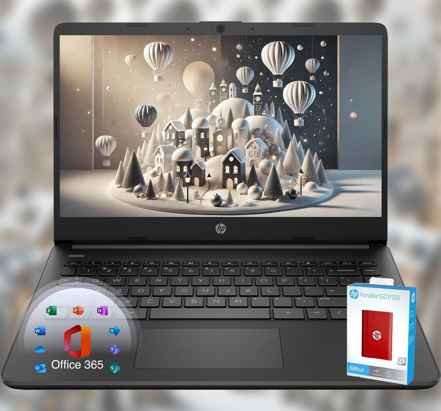 HP 14 Laptop • Back to School Limited Edition with Microsoft 365 • 4-Core Intel CPU • 16GB RAM • 1.6TB Storage 128GB OnBoard  512GB P500 Portable SSD  1TB OneDrive • Black • Win 11