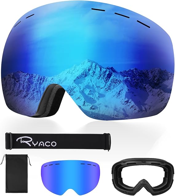 Ryaco Ski Snowboard Goggles, OTG Anti-Fog,100% UV Protection Spherical Frameless Snow Goggles, for Men Women Youth Adult