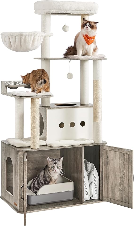 Feandrea Cat Tree, 66.9-Inch Cat Tower with Litter Box Enclosure, Large Condo with Food Station, Storage, Scratching Posts, Cave, Hammock, Washable Cushions, Heather Greige UPCT169K02 | Large Condo with Food Station, Storage, Scratching Posts, Cave, Hammock, Washable Cushions, HAINS Collection UPCT169K02
