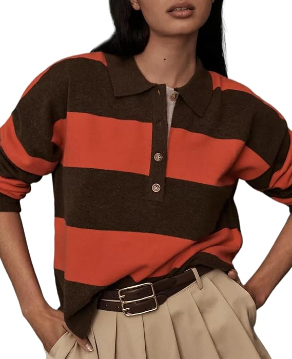 Womens Rugby Shirt Striped Polo V Neck Long Sleeve Sweater Oversized Fall Sweatshirt Cute Half Button Pullover