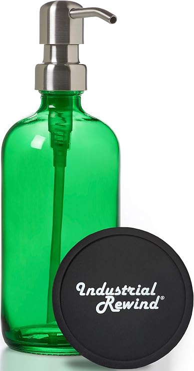 Executive Style Green Glass Soap Dispenser with Stainless Steel Pump and Non Slip Coaster/Countertop Protector - Green 16oz Glass Bottle Lotion Bottle