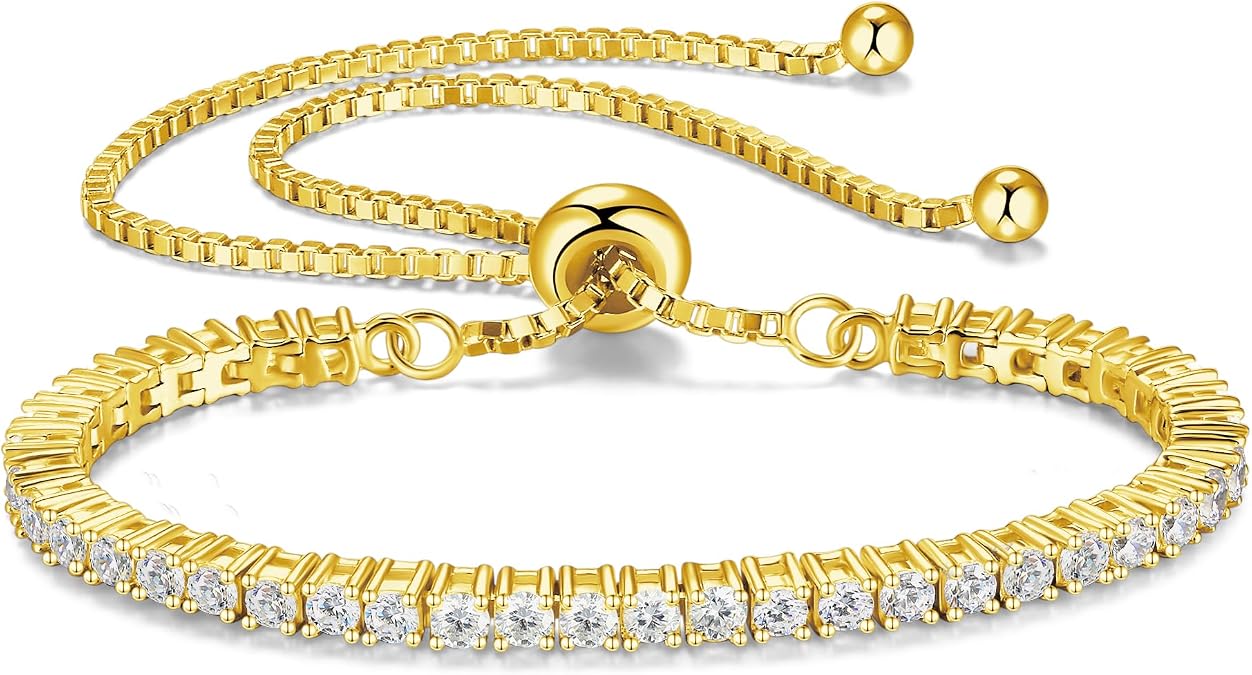 FANCIME Gold Moissanite Tennis Bracelet 1.2ct-12ct Lab Created Moissanite Diamond Bracelets,925 Sterling Silver Adjustable Bolo Tennis Bracelets, 2/3/4/5mm D Color VVS1 Round Cut Moissanite Bracelet for Women