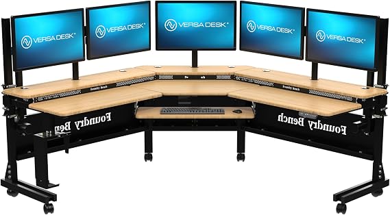 VERSADESK Foundry Bench 80" x 80" Electric Corner L-Shaped Standing Desk Riser on Wheels, Height Adjustable, Motorized Rolling Desk Riser, Sit to Stand Workstation, Bamboo