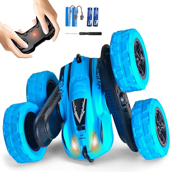 Remote Control Car, 4WD 2.4GHz Double-Sided RC Stunt Car, 360 Rotating Electric Rechargeable Toy Car with LED Lights, Gift for Boys Girls Ages 6+(Blue)
