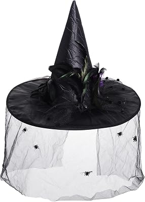 Witch Hat for Women Halloween Large Ruched Witch Hat with Veil Feathers Spiders Cosplay Costumes for Halloween Party