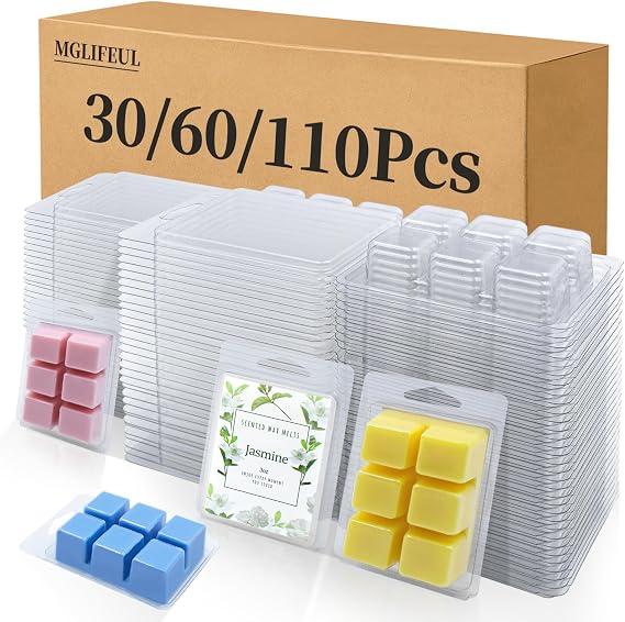 MGLIFEUL Wax Melt Container Clamshell Packaging Mold Box with Packaging Box | Plastic Clear Empty Wax Candle Melt Tart Packaging Cube Container Clamshell Mold Holder Organizer Empty Shape Bulk wth Lid