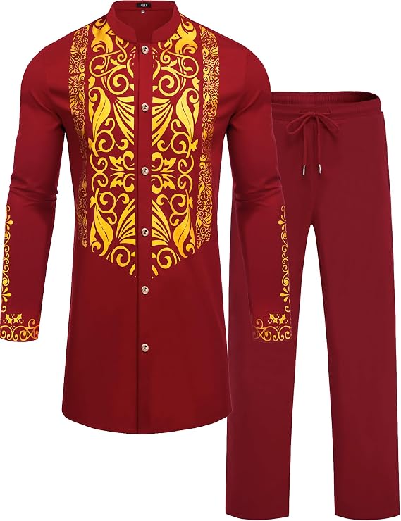 Mens African 2 Piece Sets Dashiki Metallic Traditional Suit Gold Stamp Printed Shirt and Pants Outfit