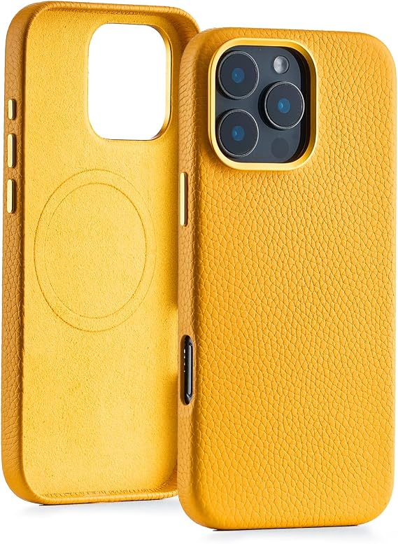 QUARK Genuine Leather Case for iPhone 16 Pro Compatible with MagSafe, Premium Grain Leather Protective Case for iPhone 16 Pro 6.3-inch, Metal Buttons and Camera Bezel, Yellow