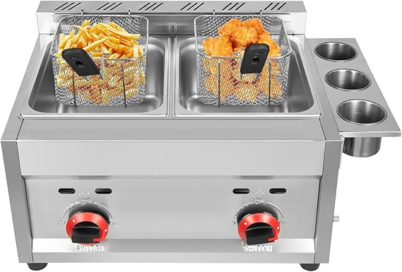 6L Commercial 2 Basket Countertop Gas Fryer Propane LPG Stainless Steel Deep Fryer Turkey Double Deep Fryer Countertop Fryer for Home Kitchen Restaurant