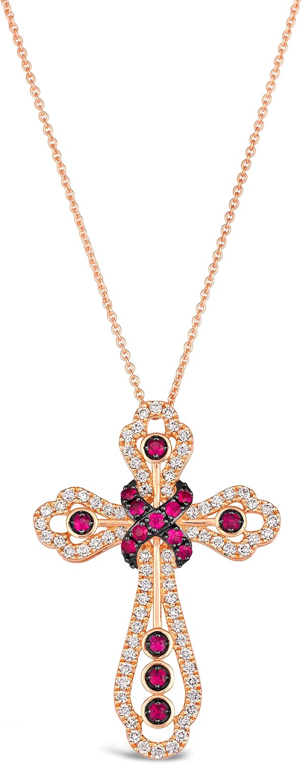 LE VIAN 12 Carat Diamond and 14 Carat Red Ruby Cross Pendant Necklace for Women in 14k Rose Gold G-H, VS2-SI1, cttw on 20 Inch Long Chain with Lobster Claw Clasp
